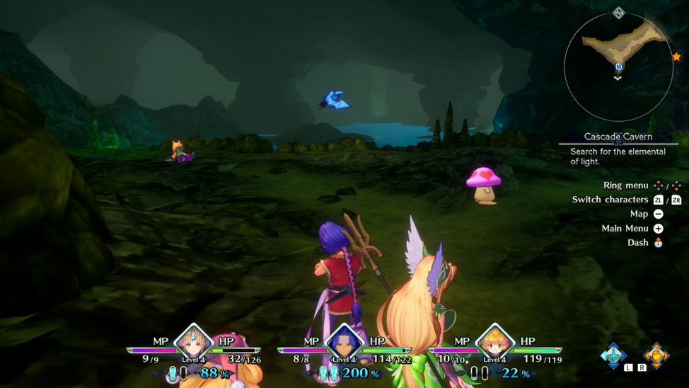 Screen shot from inside a cave. 0 Brightness makes the environment dark, but the characters and enemies are still vibrant and easy to see. 