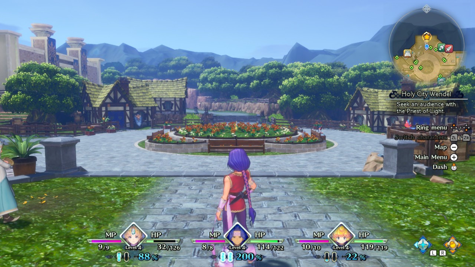Screen shot of zoomed in. An NPC can be partially seen at the left edge. No stone torches can be seen behind the playable character. The playable character can be fully seen in the bottom center, but their feet are partially out of view. The courtyard's circular flower patch takes up about a little more than half the screen's center.