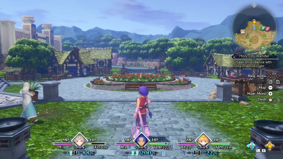 Screen shot of zoomed out. An NPC can be fully seen, standing near a side walk at the left screen edge. Most of the two stone torches can be seen behind the playable character. The playable character can be fully seen in the bottom center, noticeably smaller than in normal zoom. The courtyard's circular flower patch takes up less of the screen than in the other zoom options.