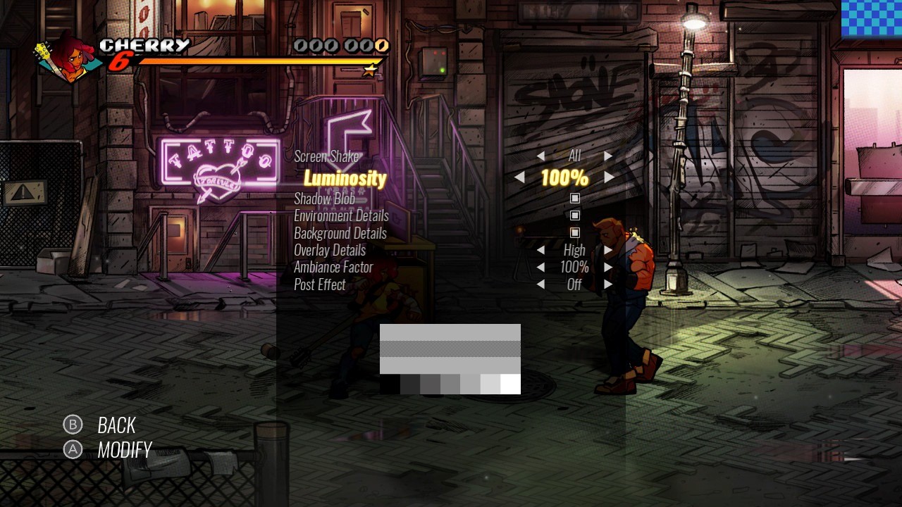 Screen shot of night time scene in a poorly lit portion of a dangerous neighborhood. The characters are darkly shaded and can blend into the dark tones of the background.